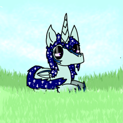 Size: 999x999 | Tagged: safe, imported from derpibooru, oc, oc:cosmic_flash/blast, alicorn, alicorn oc, grass, grass field, horn, sitting, wings