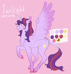 Size: 1080x1128 | Tagged: safe, artist:floofyhusky, imported from derpibooru, twilight sparkle, alicorn, color palette, female, kin, kinsona, mare, pink background, raised hoof, simple background, solo, spread wings, tail, twilight sparkle (alicorn), wings