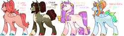 Size: 2258x672 | Tagged: safe, artist:palpine, imported from derpibooru, oc, oc only, oc:gummi necklace, oc:matcha, oc:peach tart, oc:prizm, earth pony, pegasus, pony, unicorn, earth pony oc, female, grin, hooves, horn, magical lesbian spawn, male, mare, multicolored hooves, offspring, parent:big macintosh, parent:cheese sandwich, parent:fluttershy, parent:pinkie pie, parent:rainbow dash, parent:rarity, parent:tree hugger, parent:zephyr breeze, parents:cheesehugger, parents:fluttermac, parents:raripie, parents:zephdash, pegasus oc, simple background, smiling, stallion, transparent background, unicorn oc