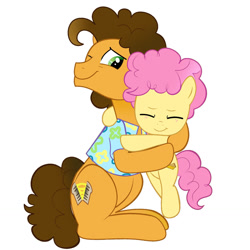 Size: 1280x1280 | Tagged: safe, artist:tikapony, imported from derpibooru, cheese sandwich, li'l cheese, earth pony, pony, clothes, colt, cute, duo, father and child, father and son, foal, hug, li'l cuteese, male, shirt, simple background, smiling, white background