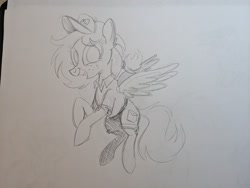 Size: 2048x1536 | Tagged: safe, artist:mellodillo, imported from derpibooru, oc, oc only, pegasus, pony, female, flying, grayscale, grin, mailmare, mailpony uniform, mare, monochrome, pencil drawing, smiling, solo, traditional art