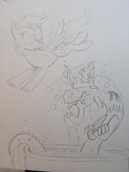 Size: 1536x2048 | Tagged: safe, artist:mellodillo, imported from derpibooru, derpy hooves, discord, draconequus, pegasus, pony, bathtub, duo, female, flying, frown, grayscale, grumpy, mare, monochrome, pencil drawing, soap, traditional art