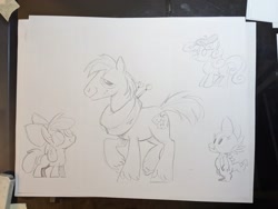 Size: 2048x1536 | Tagged: safe, artist:mellodillo, imported from derpibooru, apple bloom, big macintosh, spike, sweetie belle, dragon, earth pony, pony, unicorn, female, filly, foal, grayscale, male, monochrome, pencil drawing, stallion, traditional art