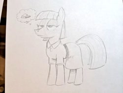 Size: 1024x768 | Tagged: safe, artist:mellodillo, imported from derpibooru, maud pie, earth pony, pony, clothes, dress, female, grayscale, mare, monochrome, pencil drawing, rock, solo, thought bubble, traditional art