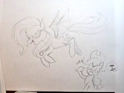 Size: 1024x768 | Tagged: safe, artist:mellodillo, imported from derpibooru, applejack, fluttershy, bat pony, earth pony, pony, angry, bat ponified, duo, female, flutterbat, flying, grayscale, mare, monochrome, pencil drawing, race swap, shaking hoof, thought bubble, traditional art