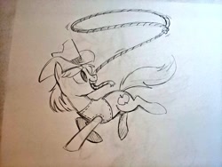 Size: 1024x768 | Tagged: safe, artist:mellodillo, imported from derpibooru, braeburn, earth pony, pony, grayscale, lasso, male, monochrome, pencil drawing, rope, solo, stallion, traditional art