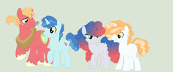 Size: 1280x535 | Tagged: safe, alternate version, artist:roseloverofpastels, imported from derpibooru, big macintosh, party favor, oc, unnamed oc, earth pony, pony, unicorn, alternate eye color, base used, crack ship offspring, crack shipping, family, gay, magical gay spawn, male, offspring, parent:big macintosh, parent:party favor, parents:partymac, partymac, ponytail, shipping, simple background, stallion