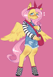 Size: 1555x2240 | Tagged: safe, artist:gobstopper, imported from derpibooru, fluttershy, anthro, pegasus, pony, blushing, bracelet, ear piercing, earring, female, jewelry, piercing, pink background, short hair, simple background, solo, spread wings, standing on two hooves, wings