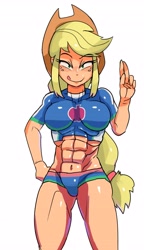 Size: 2355x4096 | Tagged: safe, artist:baigak, imported from derpibooru, applejack, equestria girls, abs, applejack's hat, applejacked, big breasts, breasts, busty applejack, clothes, cowboy hat, female, freckles, hand on hip, hat, looking at you, muscles, simple background, solo, swimsuit, tight clothing, tongue out, white background