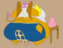 Size: 1280x982 | Tagged: safe, artist:saintdraconis, imported from derpibooru, oc, oc only, oc:skye lily, anthro, griffon, series:skye's donut binge, clothes, donut, fat, female, food, griffon oc, obese, pants, ripped pants, solo, solo female, torn clothes, weight gain, weight gain sequence