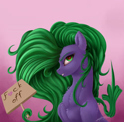 Size: 3050x3000 | Tagged: safe, artist:skitsniga, imported from ponybooru, mane-iac, pony, chest fluff, female, mare, middle finger, missing accessory, prehensile mane, sign, solo, vulgar