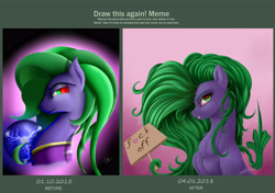 Size: 4700x3300 | Tagged: safe, artist:skitsniga, imported from ponybooru, mane-iac, pony, chest fluff, comparison, draw this again, ear fluff, ears, prehensile mane, redraw, sign, vulgar