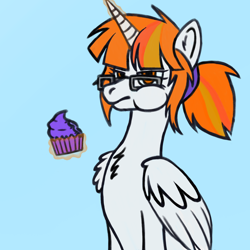 Size: 1500x1500 | Tagged: safe, oc, oc only, alicorn, pony, bootleg, chest fluff, cupcake, eating, female, food, glasses, magic, mare, simple background