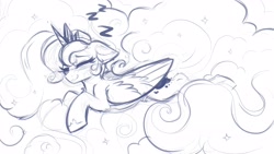 Size: 3840x2160 | Tagged: safe, artist:confetticakez, princess luna, alicorn, pony, cloud, eyes closed, female, lying down, mare, monochrome, sleeping, smiling