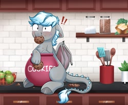 Size: 4000x3298 | Tagged: safe, alternate version, artist:confetticakez, oc, oc only, bat pony, apple, blushing, caught, chest fluff, cookie, cookie jar, cookie thief, cute, eating, exclamation point, female, floppy ears, food, jar, kitchen, looking at you, mare, mouth hold, solo, spatula, spoon, spread wings, sweat, wings