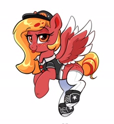 Size: 1879x2048 | Tagged: safe, artist:confetticakez, oc, oc only, pegasus, pony, blushing, clothes, female, flying, food, hat, mare, pizza, shirt, shoes, simple background, smiling, spread wings, tongue out, wings