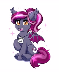 Size: 2619x3173 | Tagged: safe, artist:confetticakez, oc, oc only, bat pony, pony, ear fluff, fangs, female, mare, open mouth, raised hoof, sign, simple background, sitting, smiling, sparkles, spread wings, white background, wings