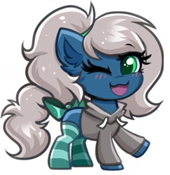 Size: 1340x1376 | Tagged: safe, artist:confetticakez, earth pony, pony, blushing, bow, clothes, ear fluff, female, mare, one eye closed, open mouth, simple background, smiling, socks, sweatshirt, white background, wink