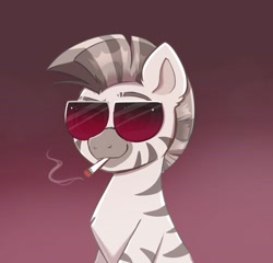 Size: 3067x2939 | Tagged: safe, artist:confetticakez, oc, oc only, zebra, cigarette, glasses, male, simple background, sitting, smiling, smoking, stallion