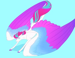 Size: 3000x2304 | Tagged: safe, artist:jezebel_remedy, imported from derpibooru, zipp storm, pegasus, pony, blue background, colored wings, female, g5, impossibly large wings, large wings, mare, multicolored wings, simple background, solo, thin legs, wings