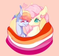 Size: 2684x2549 | Tagged: safe, artist:jezebel_remedy, imported from derpibooru, fluttershy, rainbow dash, pegasus, pony, bust, eyes closed, female, flag, floating heart, flutterdash, heart, lesbian, lesbian pride flag, mare, pink background, pride, pride flag, shipping, simple background, tongue out