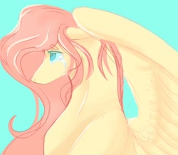 Size: 3000x2600 | Tagged: safe, artist:jezebel_remedy, imported from derpibooru, fluttershy, pegasus, pony, bust, crying, female, floppy ears, mare, profile, simple background, solo, teal background