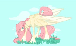 Size: 3044x1851 | Tagged: safe, artist:jezebel_remedy, imported from derpibooru, fluttershy, pegasus, pony, blue background, cloud, female, floppy ears, folded wings, grass, head down, large wings, mare, simple background, solo, tongue out, wings