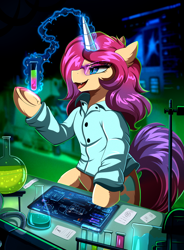 Size: 2582x3509 | Tagged: safe, artist:pridark, imported from derpibooru, oc, oc only, oc:queen fylifa, pony, unicorn, bipedal, button-up shirt, chemicals, clothes, disguise, disguised changeling, flask, frog (hoof), glasses, horn, laboratory, mad scientist, magic, shirt, solo, telekinesis, test tube, underhoof, unicorn oc