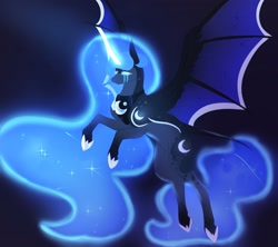 Size: 3502x3113 | Tagged: safe, artist:jezebel_remedy, imported from derpibooru, princess luna, alicorn, pony, bat wings, crying, female, flying, glowing, glowing horn, high res, horn, magic, magic aura, mare, solo, spread wings, wings