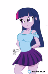 Size: 3300x5100 | Tagged: safe, artist:bronybran, imported from derpibooru, twilight sparkle, human, equestria girls, arm behind back, breasts, busty twilight sparkle, clothes, female, signature, simple background, skirt, smiling, solo, white background