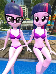 Size: 900x1184 | Tagged: safe, artist:oatmeal!, imported from derpibooru, sci-twi, twilight sparkle, human, equestria girls, 3d, belly button, bikini, breasts, clothes, crossed legs, glasses, gmod, humanized, looking at you, purple bikini, purple swimsuit, sexy, sitting, swimming pool, swimsuit, tropical, twolight