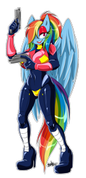 Size: 755x1564 | Tagged: safe, artist:sexybloody, imported from derpibooru, rainbow dash, anthro, pegasus, armor, bedroom eyes, boots, eggman empire of equestria, gun, hair over one eye, high heel boots, latex, latex suit, lipstick, makeup, mind control, shoes, signature, simple background, smiling, transparent background, weapon, wings