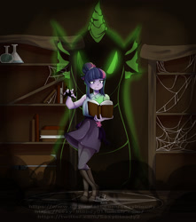 Size: 1280x1450 | Tagged: safe, artist:sexybloody, imported from derpibooru, spike, twilight sparkle, demon, human, equestria girls, book, clothes, cutie mark on clothes, duo, female, glowing, glowing eyes, hair bun, indoors, magic, magic circle, reading, skirt, spider web, summoning circle, worried