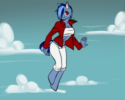 Size: 1002x799 | Tagged: safe, artist:sexybloody, imported from derpibooru, oc, oc only, anthro, earth pony, unguligrade anthro, clothes, cloud, earth pony oc, female, flying, hair over one eye, levitation, magic, midriff, pants, signature, smiling, telekinesis