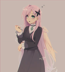 Size: 2375x2612 | Tagged: safe, artist:hikari_aoq, imported from derpibooru, fluttershy, human, clothes, dress, eyeshadow, fluttergoth, humanized, looking at you, makeup, pony coloring, simple background, solo, winged humanization, wings