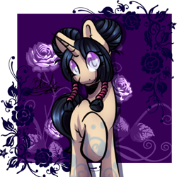 Size: 512x512 | Tagged: safe, artist:sexybloody, imported from derpibooru, oc, oc only, pony, unicorn, eyelashes, female, flower, horn, mare, raised hoof, rose, smiling, solo, tattoo, transparent background, unicorn oc