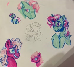 Size: 3325x3024 | Tagged: safe, artist:beetlebonez, derpibooru exclusive, imported from derpibooru, minty, pinkie pie, pinkie pie (g3), earth pony, female, g3, highlighter, lesbian, mintypie, shipping, simple background, traditional art