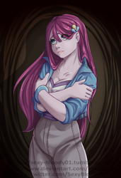 Size: 1280x1866 | Tagged: safe, artist:sexybloody, imported from derpibooru, pinkie pie, human, equestria girls, abstract background, clothes, female, frown, hairclip, pants, pinkamena diane pie, solo