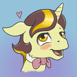 Size: 1280x1280 | Tagged: safe, artist:multiverseequine, derpibooru exclusive, imported from derpibooru, oc, oc only, oc:golden trim, pony, unicorn, blushing, bowtie, bust, gradient background, heart, horn, male, multicolored hair, open mouth, pink bow, solo, stallion, yellow eyes