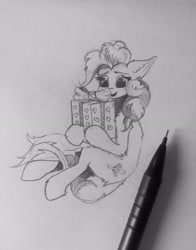 Size: 2354x3010 | Tagged: safe, artist:hornmlp, imported from derpibooru, pinkie pie, earth pony, pony, female, fluffy, high res, holding, looking at something, mare, monochrome, open mouth, open smile, pencil drawing, present, sitting, smiling, solo, traditional art