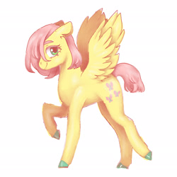 Size: 2048x2048 | Tagged: safe, artist:mobylace, imported from derpibooru, fluttershy, pegasus, pony, alternate hairstyle, colored hooves, female, looking at you, mare, raised hoof, raised leg, short hair, short mane, short tail, side view, simple background, smiling, smiling at you, solo, spread wings, standing on two hooves, tail, white background, wings