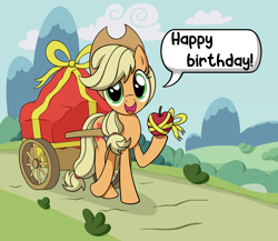 Size: 2048x1778 | Tagged: safe, artist:reconprobe, imported from derpibooru, applejack, earth pony, pony, apple, birthday, cart, food, solo, speech bubble