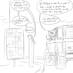 Size: 2000x2000 | Tagged: safe, artist:thedrunkcoyote, imported from derpibooru, oc, oc only, oc:amber steel, anthro, unicorn, big smoke, car, dialogue, digital art, drive thru, fast food, female, food, ford, ford bronco, grand theft auto, gta san andreas, horn, monochrome, order, solo, speech bubble, talking, text, unicorn oc