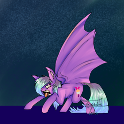 Size: 1280x1280 | Tagged: safe, artist:technicolourtorture, imported from derpibooru, oc, oc:buttercream cupid, bat pony, pegasus, aggressive, angry, bat pony oc, bat wings, fangs, multicolored hair, pink fur, sharp teeth, teeth, wings