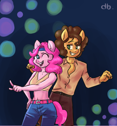 Size: 1200x1300 | Tagged: safe, artist:dubudrops, imported from derpibooru, cheese sandwich, pinkie pie, anthro, earth pony, belly button, cheesepie, dance floor, dancing, female, male, midriff, retro, shipping, standing, straight