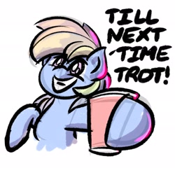 Size: 1920x1920 | Tagged: safe, artist:ashtoneer, imported from derpibooru, rainbow dash, pegasus, pony, cup, female, grin, hoof hold, looking at you, mare, simple background, smiling, smiling at you, solo, talking to viewer, trotcon, trotcon 2022, white background