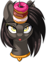 Size: 669x900 | Tagged: safe, artist:up1ter, imported from derpibooru, oc, oc only, oc:ivy, pony, unicorn, :p, blushing, bust, c:, cute, donut, eyes on the prize, female, food, horn, horn impalement, jewelry, looking up, mare, simple background, smiling, solo, striped background, the uses of unicorn horns, tongue out, transparent background