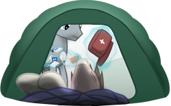 Size: 2108x1305 | Tagged: safe, artist:equestriaexploration, imported from derpibooru, fortune favors, starry skies, pony, atg 2022, fever, first aid kit, magic, newbie artist training grounds, sick, simple background, tent, transparent background