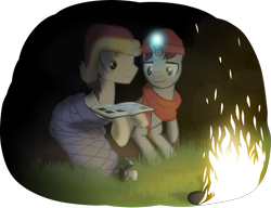 Size: 1379x1057 | Tagged: safe, artist:equestriaexploration, imported from derpibooru, fortune favors, starry skies, pony, atg 2022, camera, campfire, fire, magic, newbie artist training grounds, photo album, simple background, transparent background