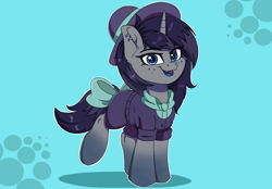 Size: 1958x1361 | Tagged: safe, artist:joaothejohn, imported from derpibooru, oc, oc only, oc:purps, pony, unicorn, bow, clothes, commission, cute, ear piercing, earring, fangs, freckles, hat, horn, jewelry, looking at you, piercing, simple background, smiling, smiling at you, tail, tail bow, unicorn oc